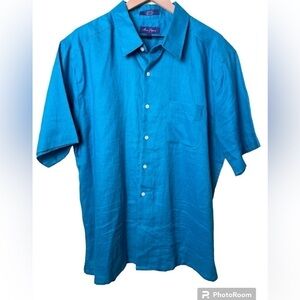 Alan Flusser Men’s Short Sleeve Button Up 100% Linen Shirt Size XL